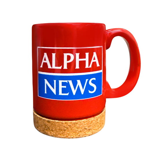 Red mug with 'Alpha News' logo 
